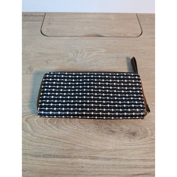 Fossil Womens Bifold Wallet Black Geometric Genuine Leather Zipper Pocket Modern - Picture 2 of 8